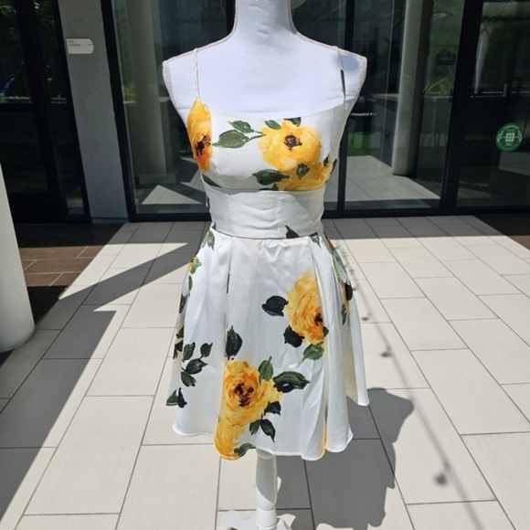 Windsor ✦ Floral Fit & Flare Dress ✦ White & Yellow Summer Print w/ Lace-Up Back - Picture 4 of 17